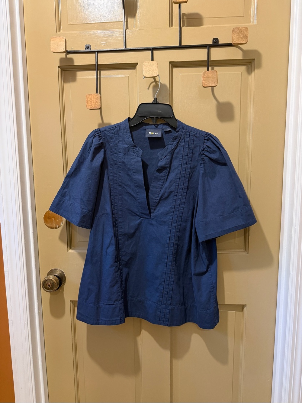 Anthropologie Maeve Navy Pintuck 100% cotton V-Neck Top